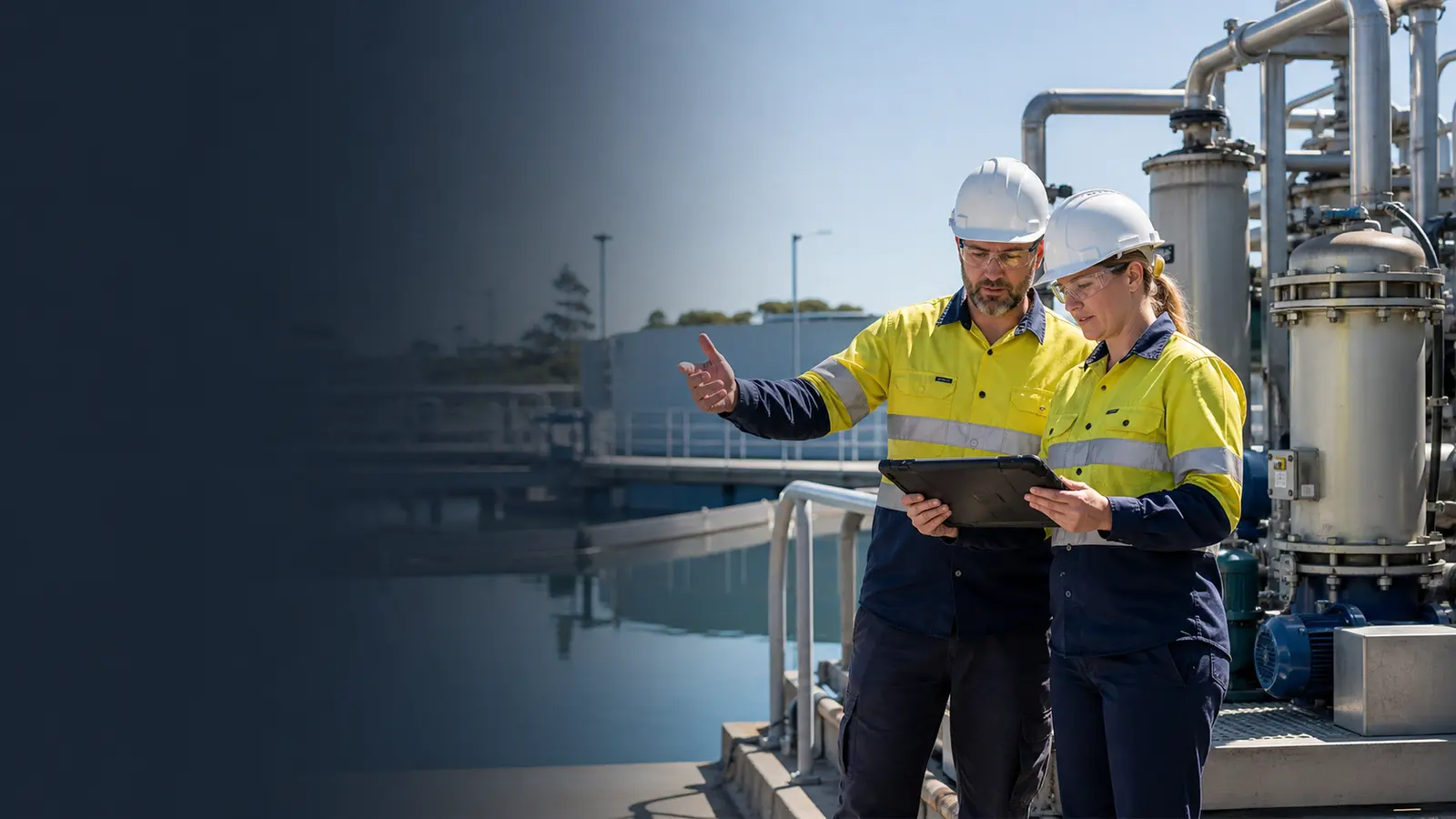 Water-treatment technicians reviewing plant equipment status